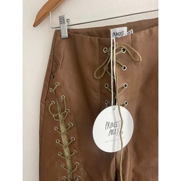 Princess Polly Pants 4 Harvey Faux Leather Lace Up High Rise Brown Flare NEW - Picture 8 of 10